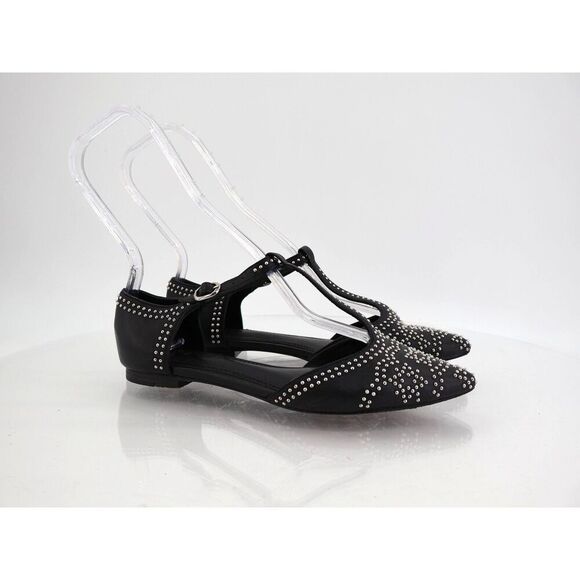 Sandro Astree Flats Womens 36 6 Black Studded Pointed Toe T-Strap Leather Shoes - Picture 1 of 13